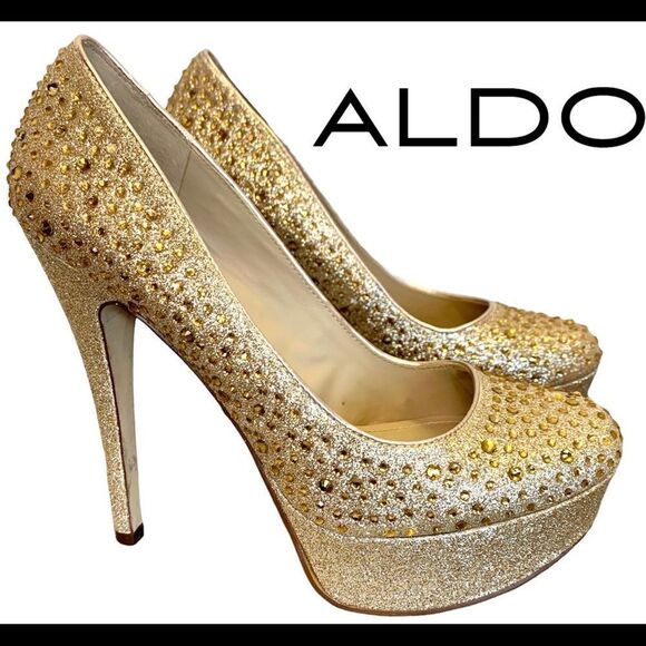 Aldo Gold glitter rhinestone platform high heel pumps size 7.5 - Picture 9 of 9
